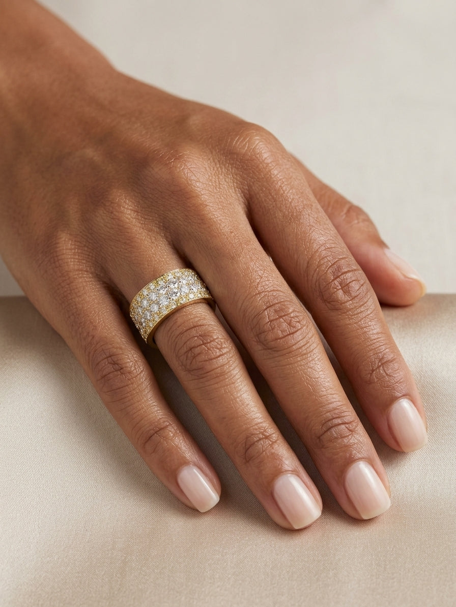 Wide diamond pavé statement ring in 18K yellow gold with multiple rows of round brilliant diamonds