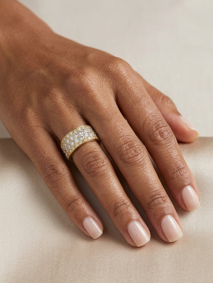 Wide diamond pavé statement ring in 18K yellow gold with multiple rows of round brilliant diamonds