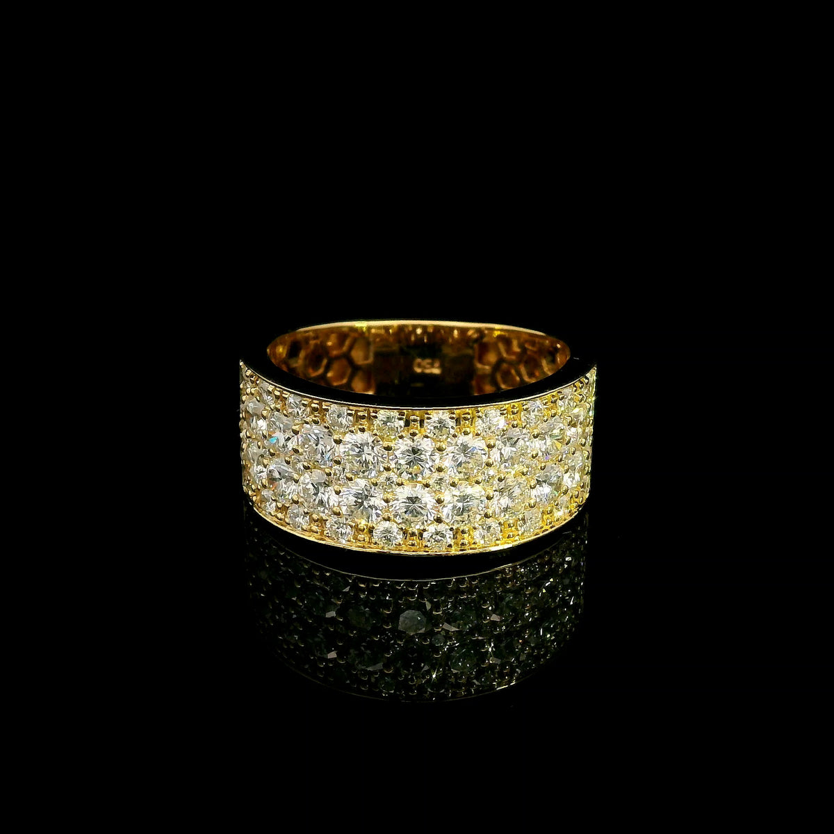 Wide diamond pavé statement ring in 18K yellow gold with multiple rows of round brilliant diamonds