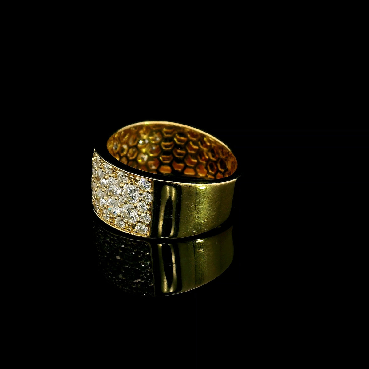 Wide diamond pavé statement ring in 18K yellow gold with multiple rows of round brilliant diamonds