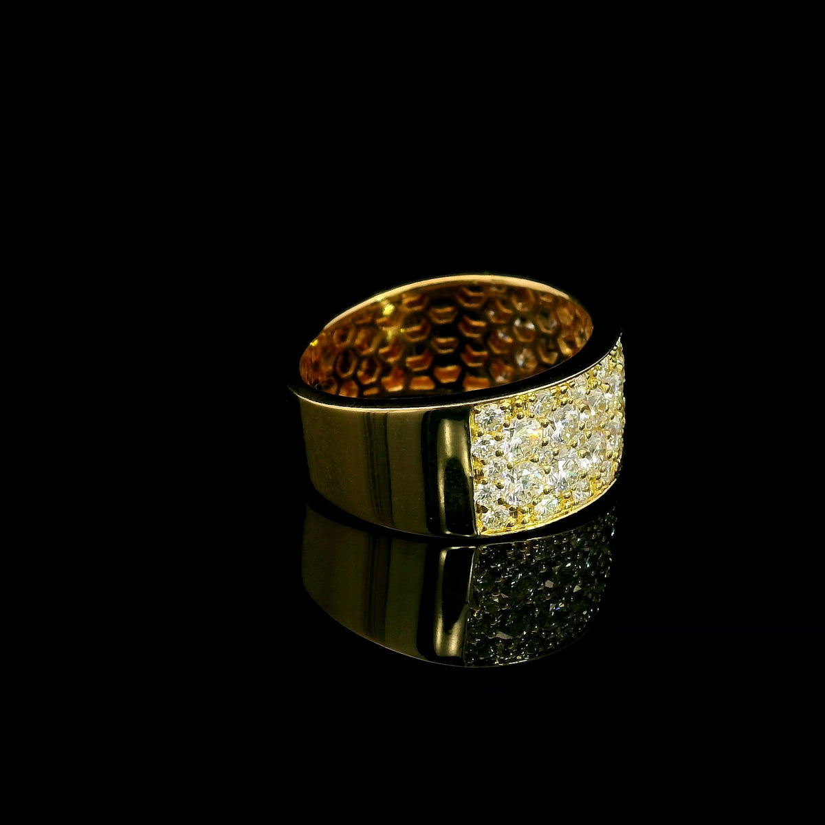 Wide diamond pavé statement ring in 18K yellow gold with multiple rows of round brilliant diamonds