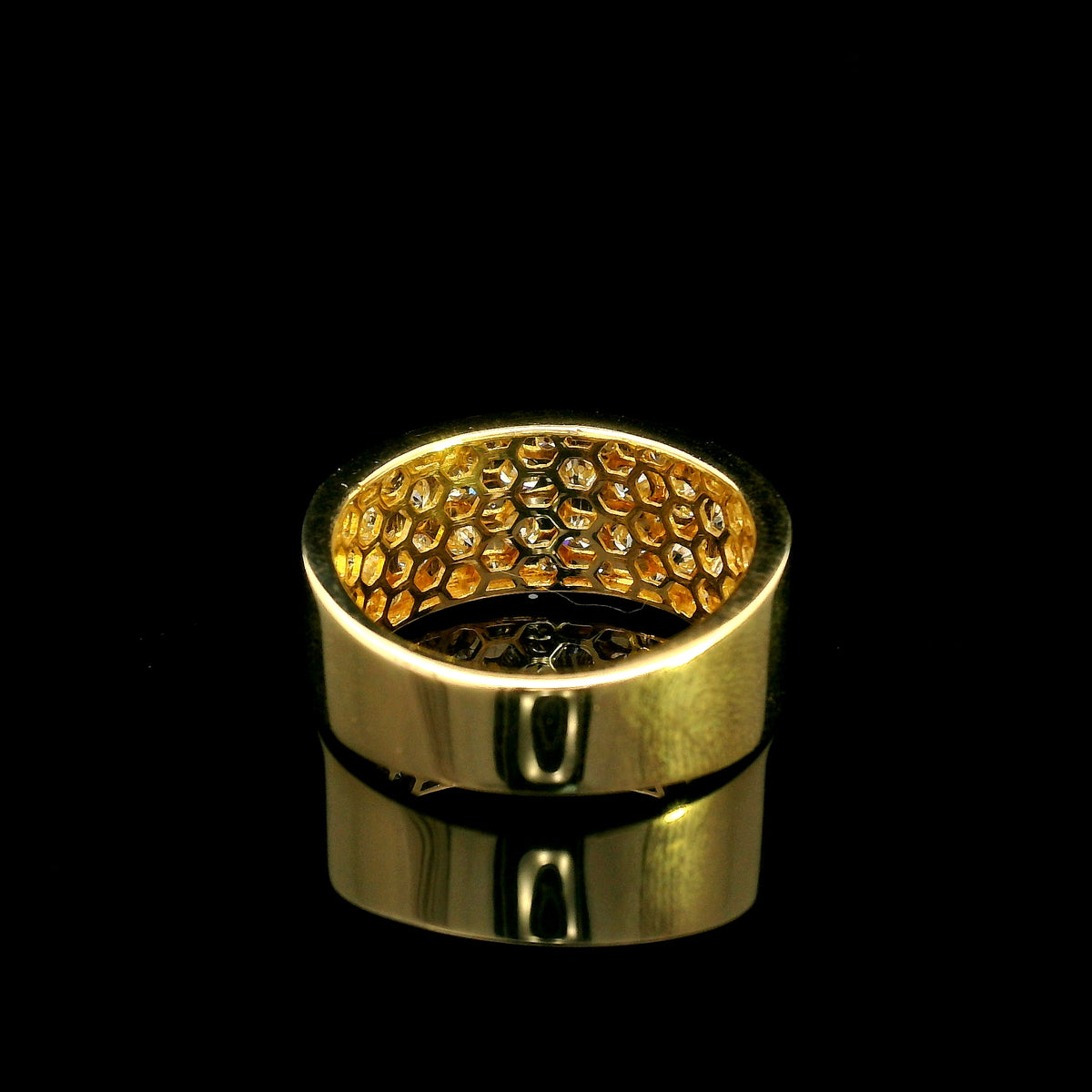 Wide diamond pavé statement ring in 18K yellow gold with multiple rows of round brilliant diamonds