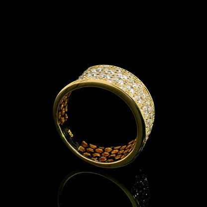 Wide diamond pavé statement ring in 18K yellow gold with multiple rows of round brilliant diamonds