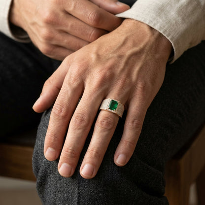 Men’s emerald and diamond ring in 18K yellow gold with emerald cut emerald and diamond-set wide band