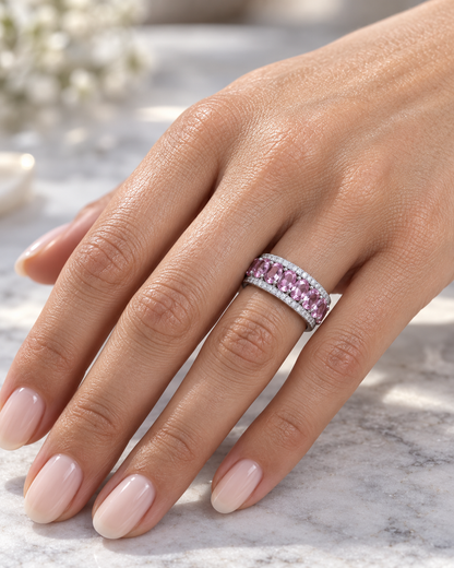 Pink Sapphire and Diamond Band Ring in 18K White Gold