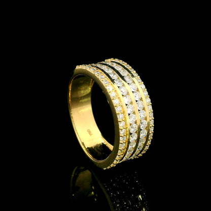 Wide diamond band ring in 18K yellow gold featuring four rows of round diamonds separated by polished gold bands.