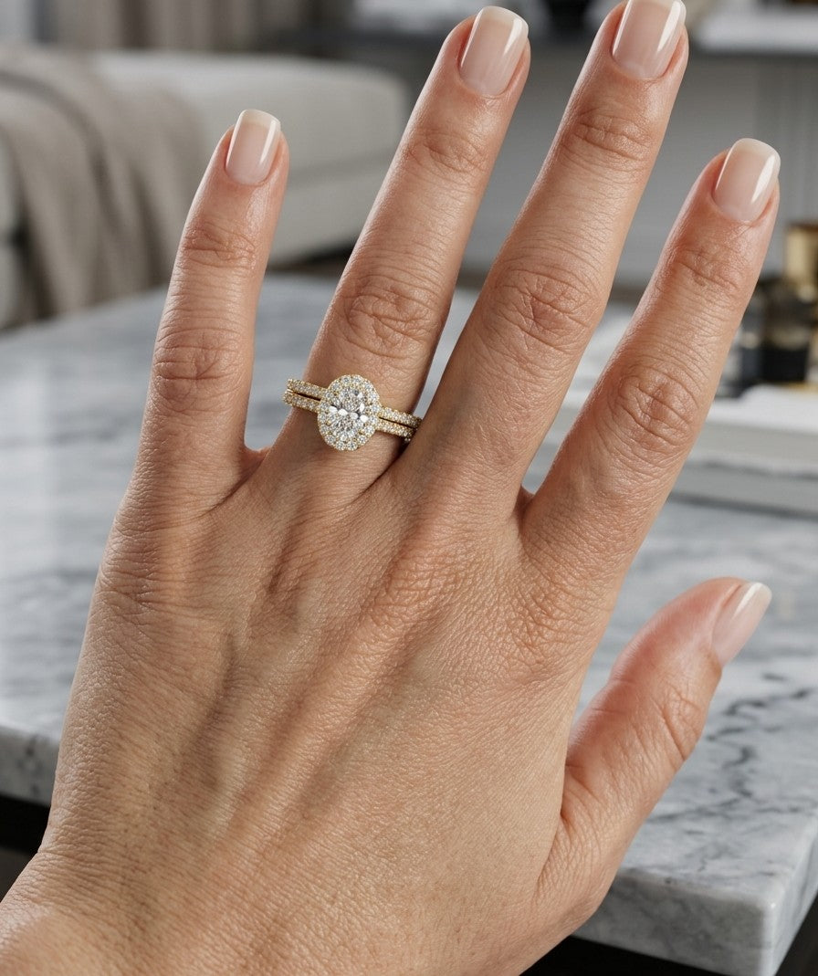 Oval Diamond Halo Bridal Set in 18K Yellow Gold | GIA Certified