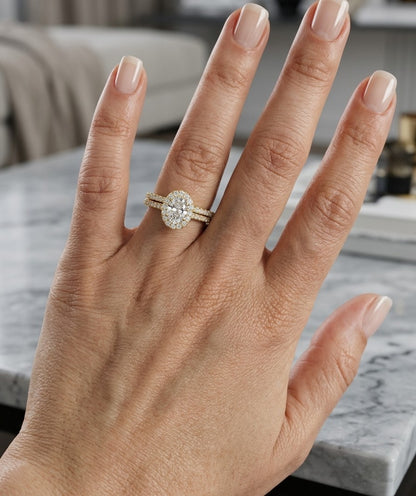 Oval Diamond Halo Bridal Set in 18K Yellow Gold | GIA Certified