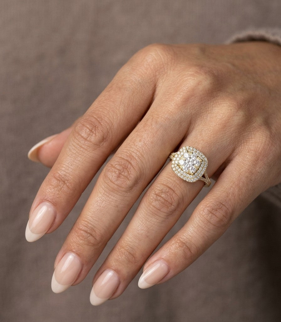 18K yellow gold diamond cluster halo engagement ring with double diamond halo and split shank