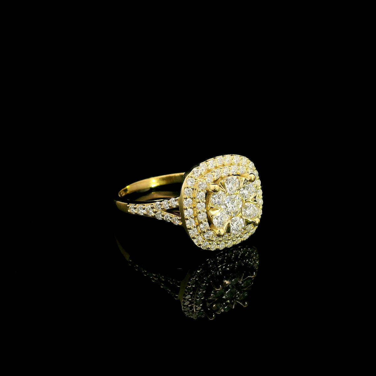 18K yellow gold diamond cluster halo engagement ring with double diamond halo and split shank