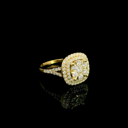 18K yellow gold diamond cluster halo engagement ring with double diamond halo and split shank
