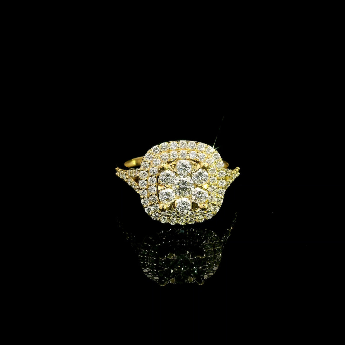18K yellow gold diamond cluster halo engagement ring with double diamond halo and split shank