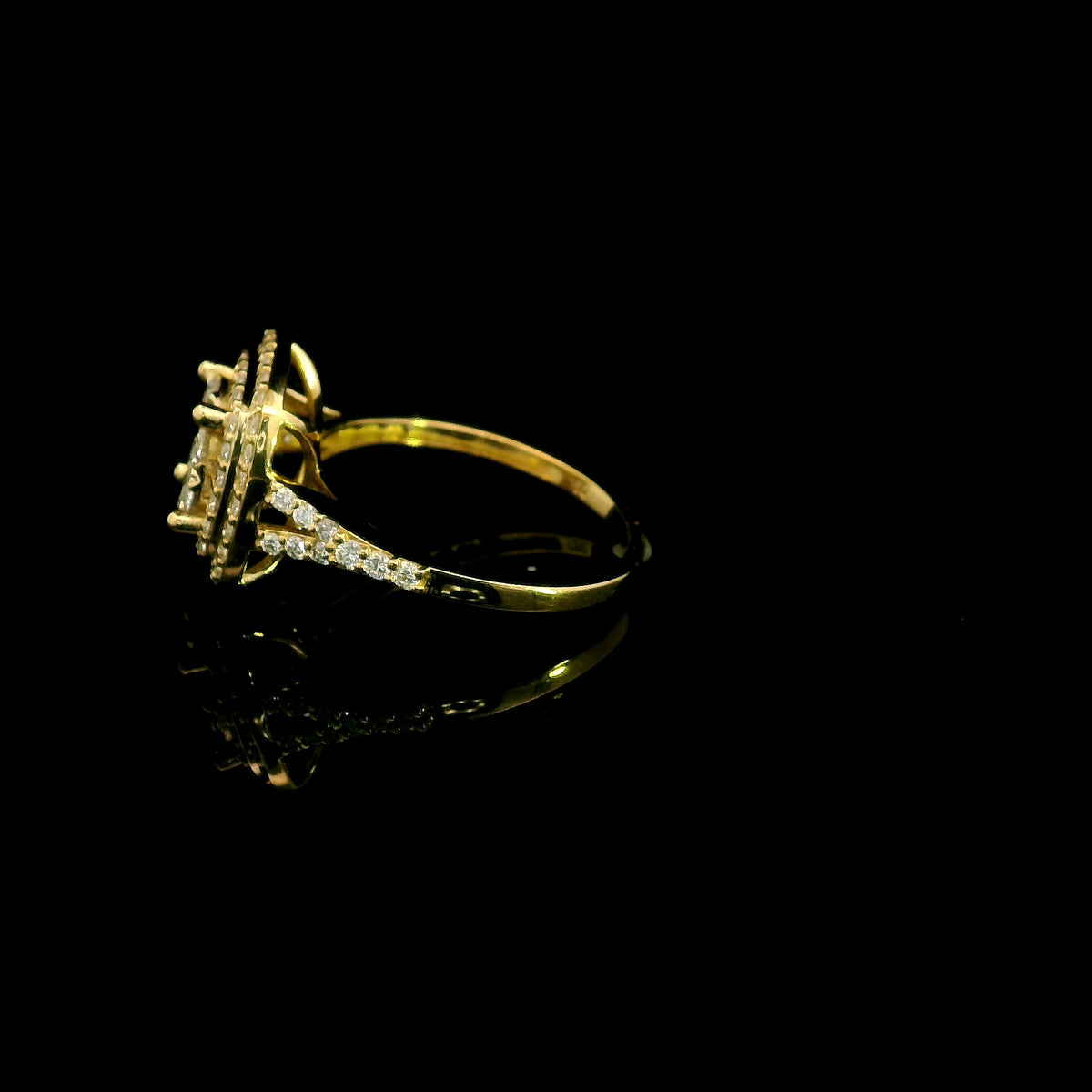 18K yellow gold diamond cluster halo engagement ring with double diamond halo and split shank