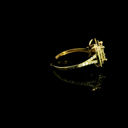18K yellow gold diamond cluster halo engagement ring with double diamond halo and split shank