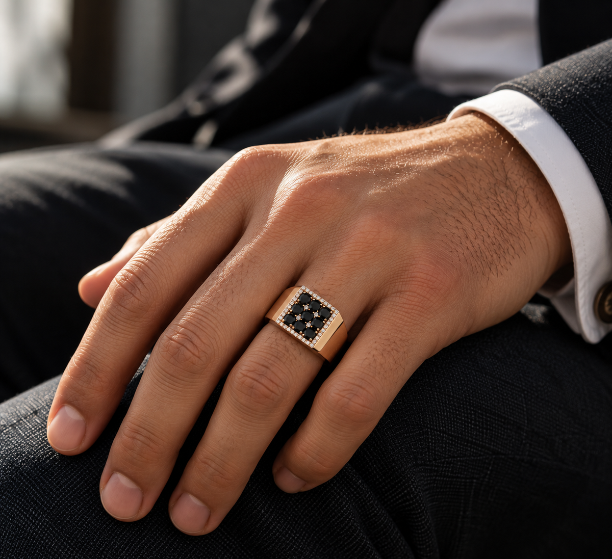 Men’s black diamond signet ring in 18K rose gold with white diamond border