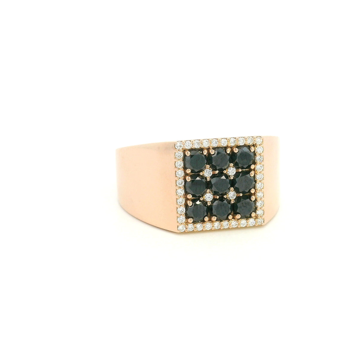 Men’s black diamond signet ring in 18K rose gold with white diamond border
