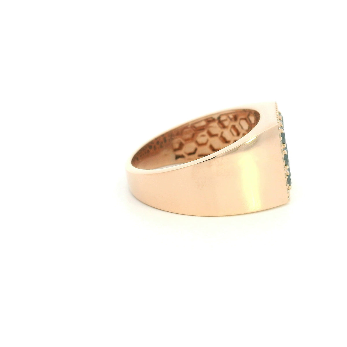 Men’s black diamond signet ring in 18K rose gold with white diamond border