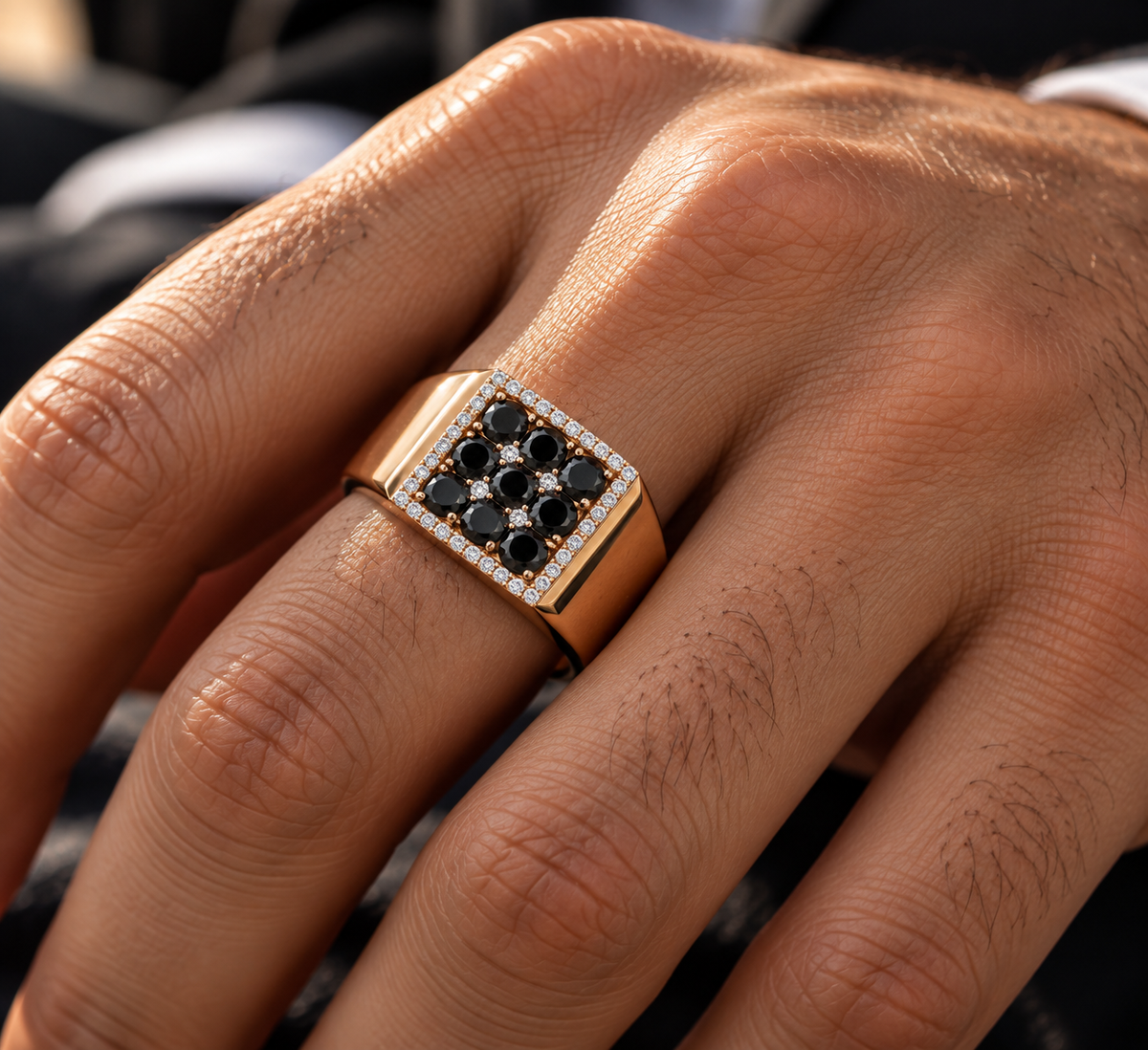 Men’s black diamond signet ring in 18K rose gold with white diamond border