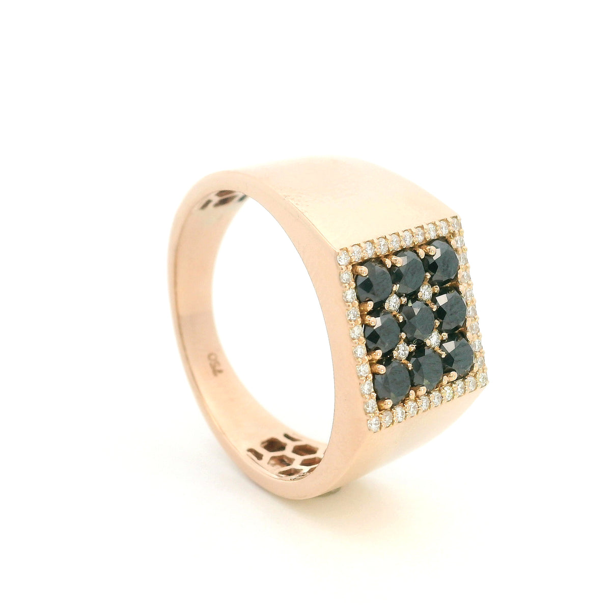 Men’s black diamond signet ring in 18K rose gold with white diamond border