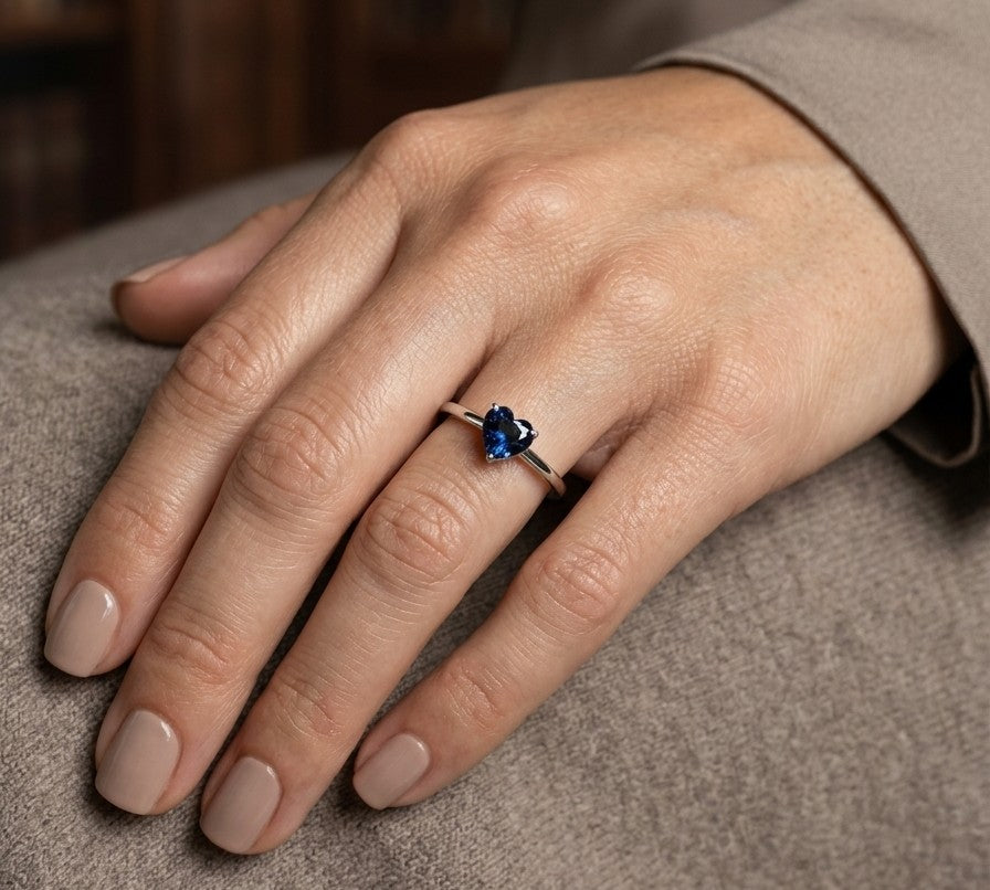 Heart shaped blue sapphire ring in 18K white gold