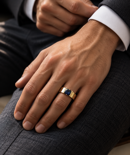 Men’s blue sapphire ring in 18K yellow gold with broad polished band