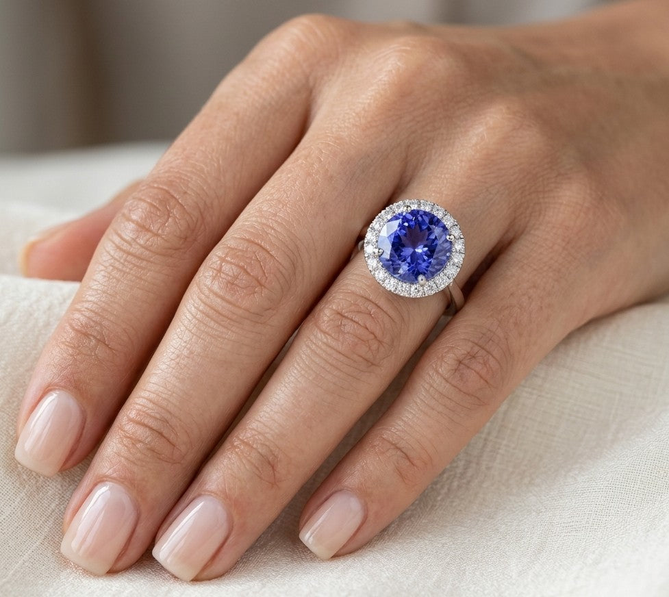 Round tanzanite and diamond halo ring in 18K white gold featuring a 5.97 carat violet-blue tanzanite surrounded by round diamonds on a polished band.