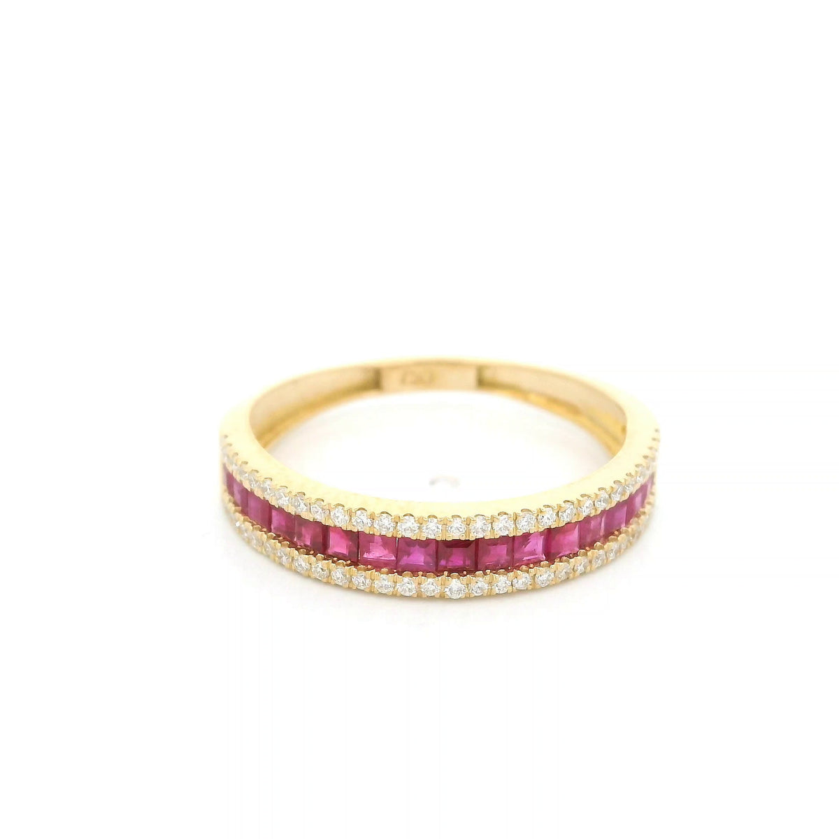 18K yellow gold band ring with a row of square-cut red rubies bordered above and below by small round diamonds.