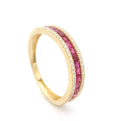 18K yellow gold band ring with a row of square-cut red rubies bordered above and below by small round diamonds.