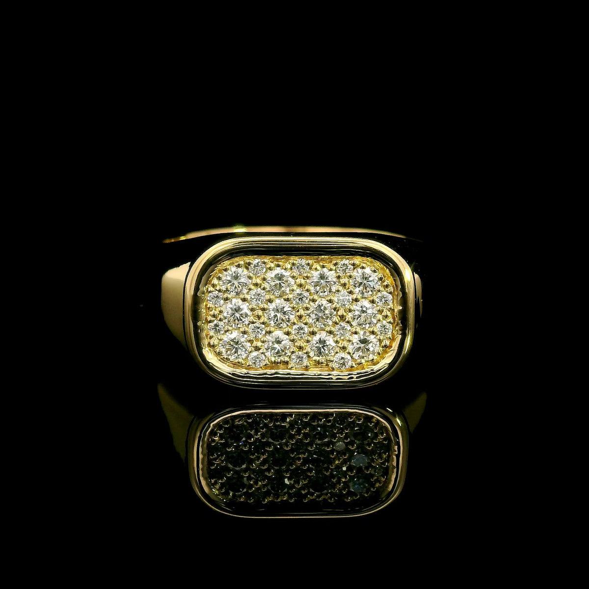 18K yellow gold pavé diamond signet ring with a rectangular diamond-set top and polished tapered band.
