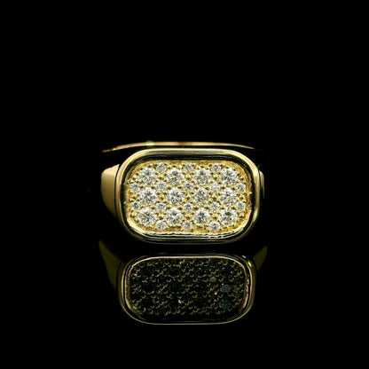 18K yellow gold pavé diamond signet ring with a rectangular diamond-set top and polished tapered band.
