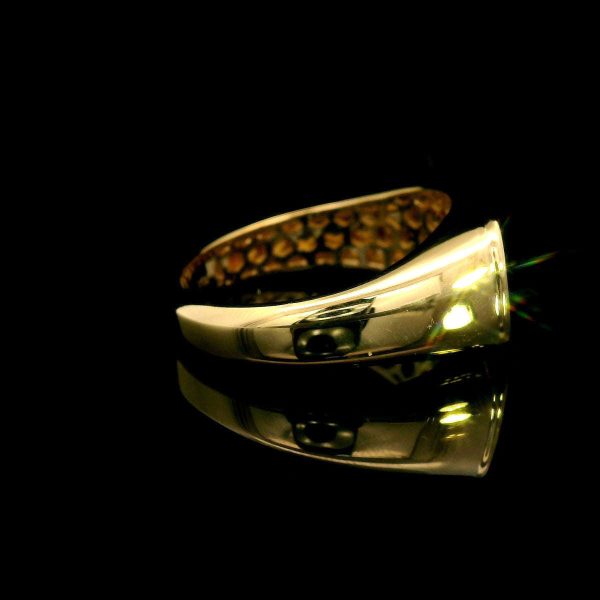 18K yellow gold pavé diamond signet ring with a rectangular diamond-set top and polished tapered band.