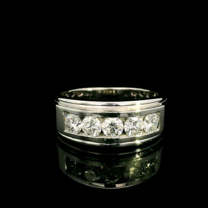 Men's 18K white gold band with five round diamonds in a channel-style setting framed by broad polished gold edges.