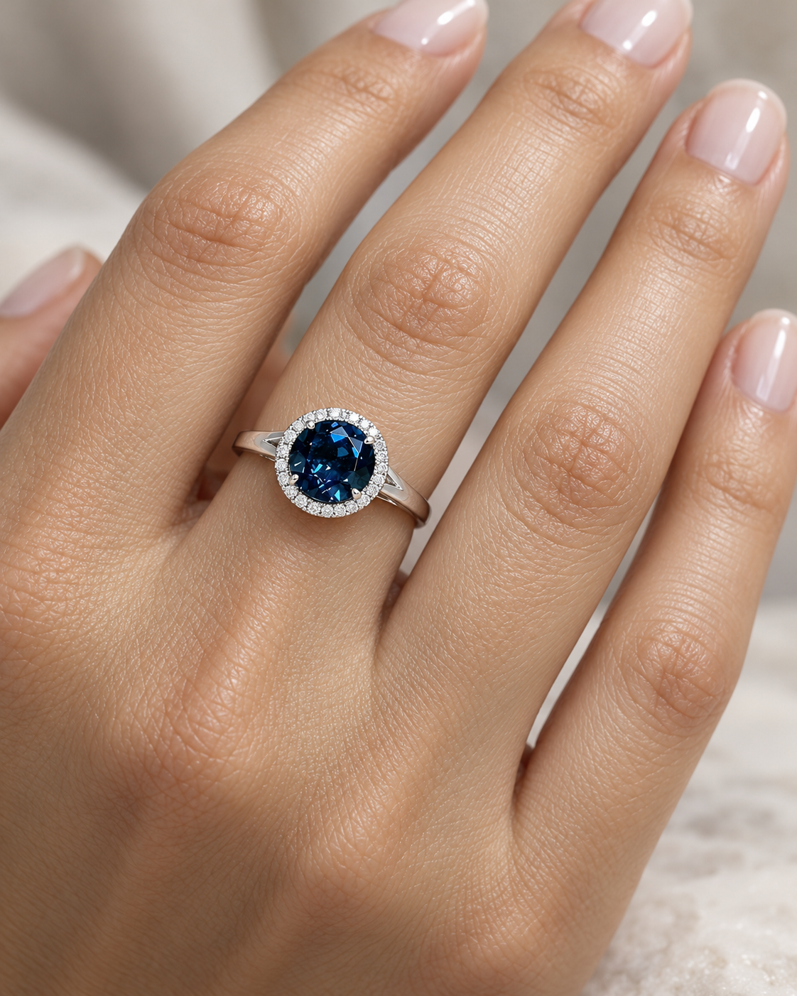 18K white gold ring with a deep blue London blue topaz surrounded by round diamonds and a split-shoulder band.