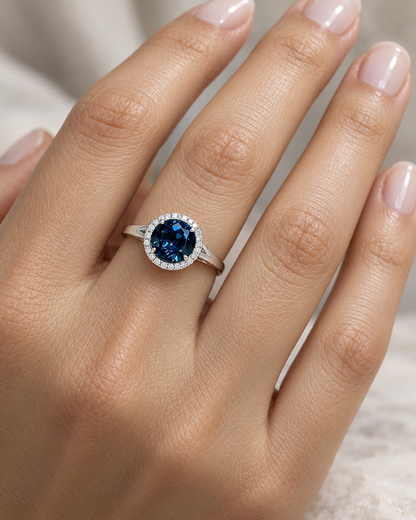 18K white gold ring with a deep blue London blue topaz surrounded by round diamonds and a split-shoulder band.