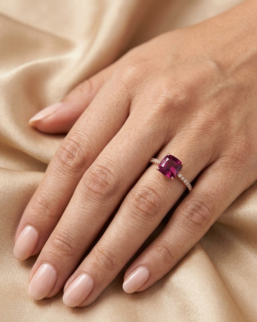 18K rose gold ring with a cushion-cut raspberry-pink rhodolite garnet and pavé diamond shoulders.