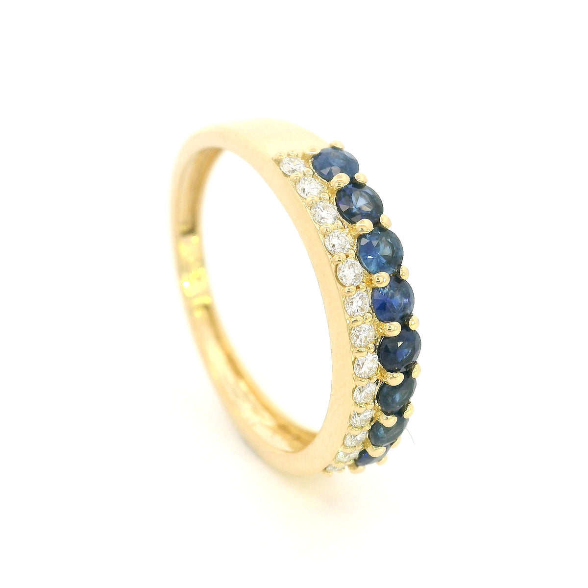 18K yellow gold band ring with two adjacent rows of round blue sapphires and white diamonds across the front.