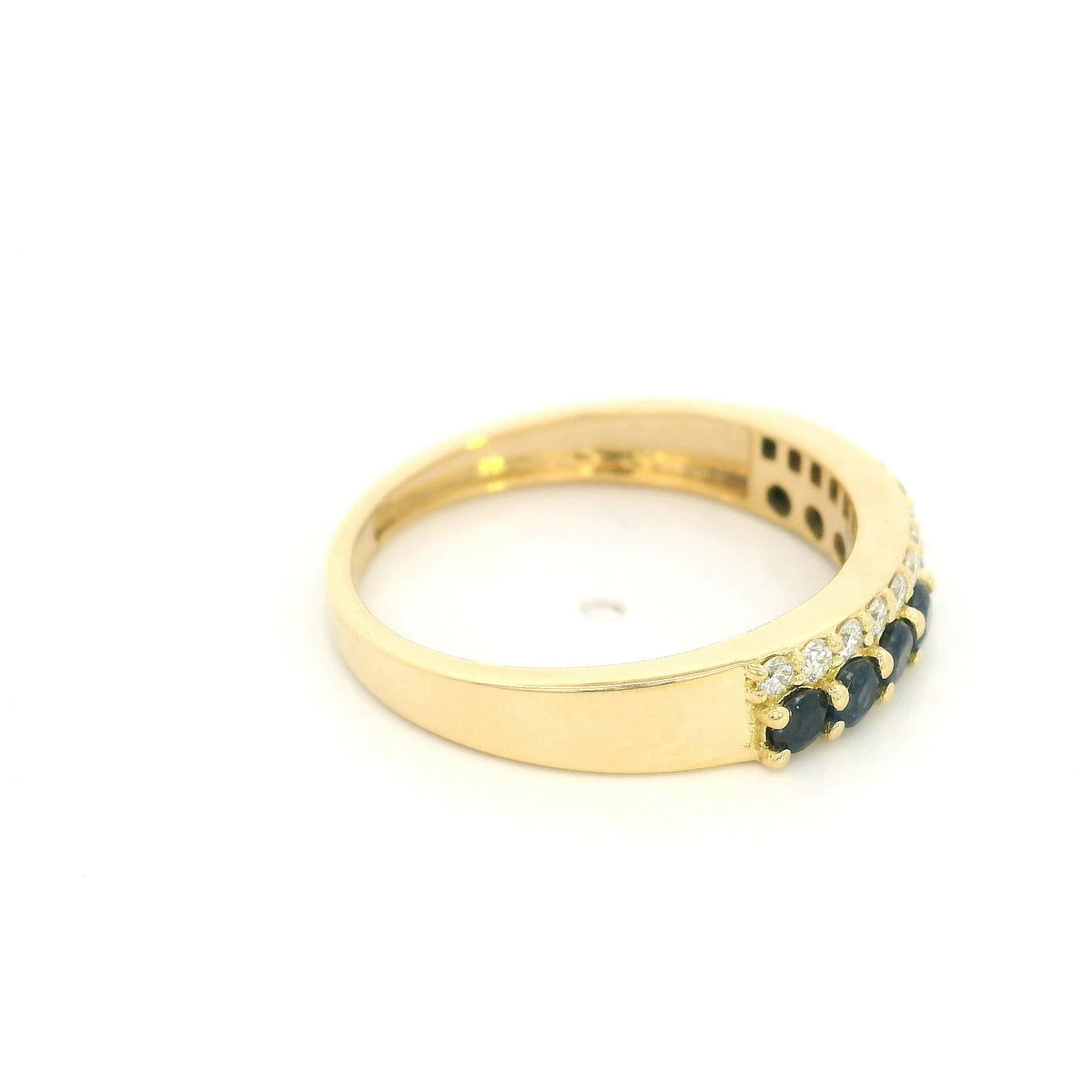 18K yellow gold band ring with two adjacent rows of round blue sapphires and white diamonds across the front.