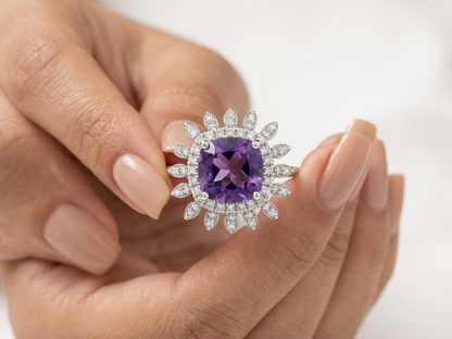 Amethyst Halo Ring in 18K White Gold | Cushion Cut Amethyst Ring
