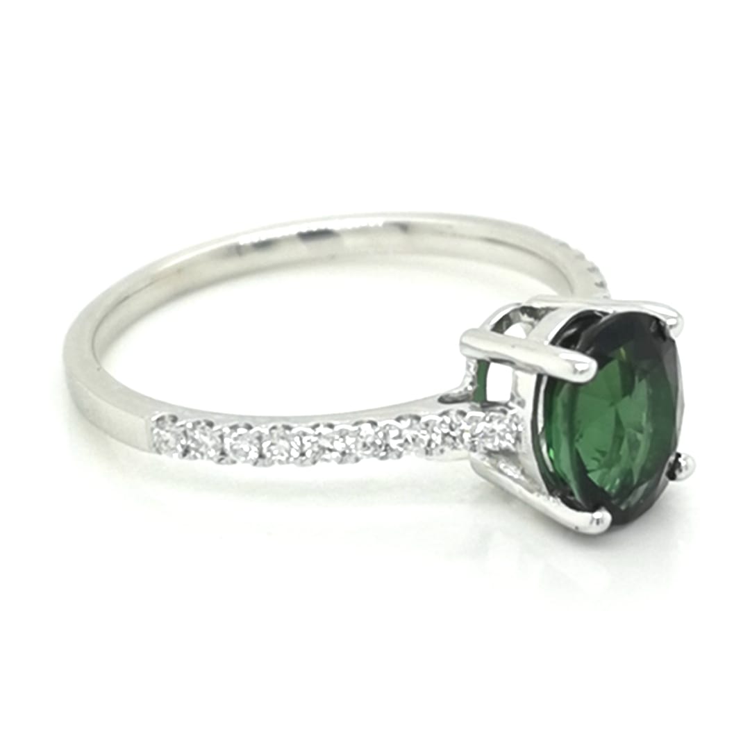 Green Tourmaline And Diamond Ring In 18k White Gold.