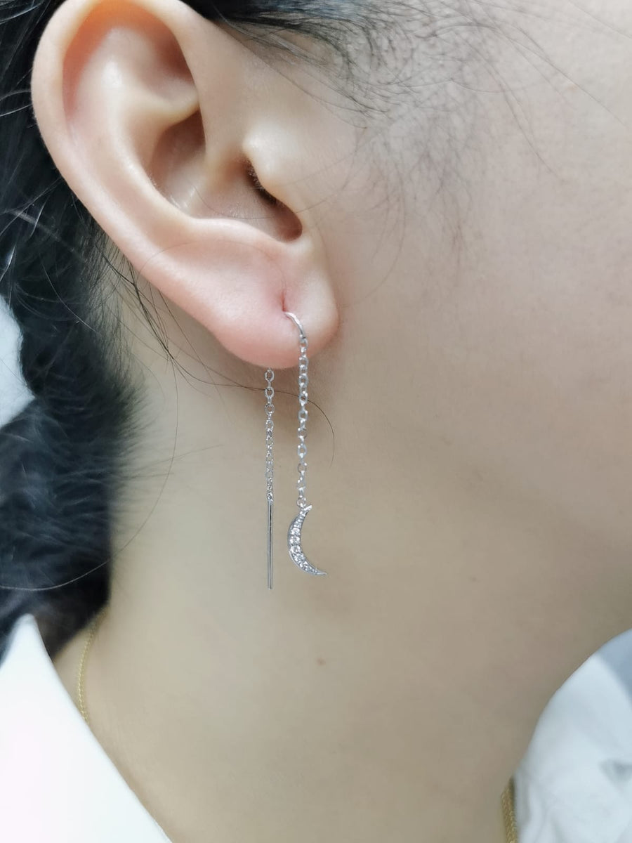 Needle And Thread Earrings With Half Moon Charm In 18k White Gold.