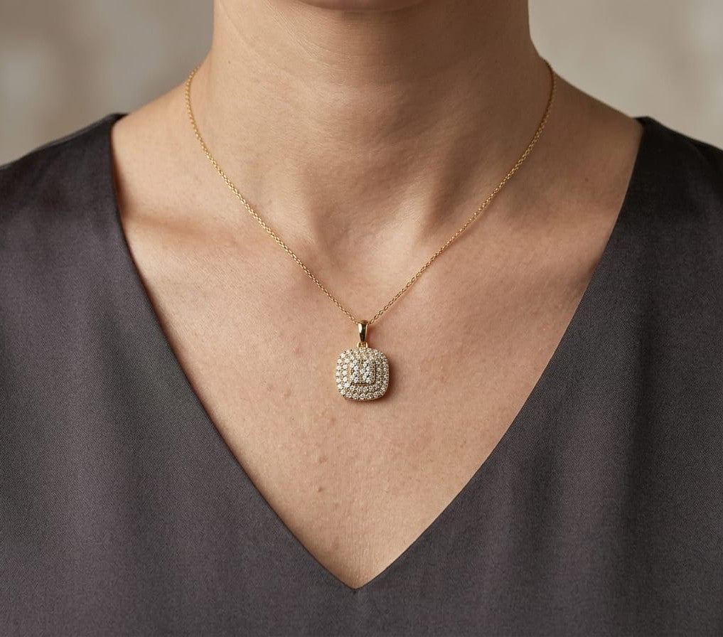Double Halo Diamond Pendant In 18K Yellow Gold