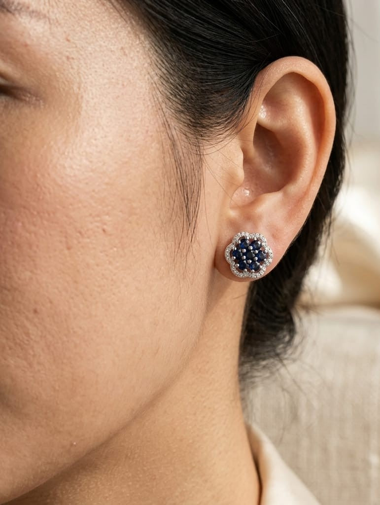18K White Gold Sapphire Floral Stud Earrings with Diamond Halo – 1.19ct Blue Sapphires