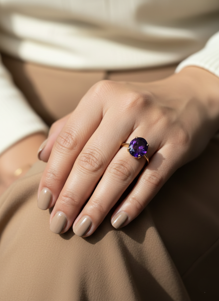 Oval amethyst solitaire ring in 18K yellow gold featuring a 4.39 carat natural amethyst by Emirates Diamonds.