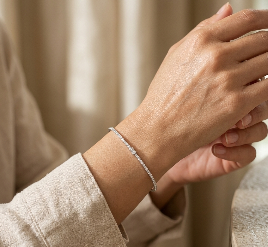 18k White Gold Diamond Bangle With Round and Baguette  Diamonds | Elegant Fine Jewelry