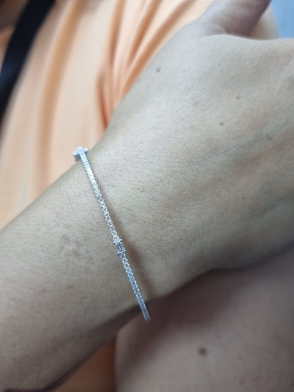 18k White Gold Diamond Bangle With Round and Baguette  Diamonds | Elegant Fine Jewelry