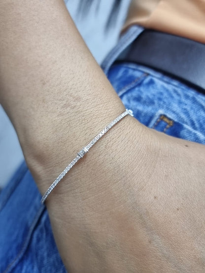 18k White Gold Diamond Bangle With Round and Baguette  Diamonds | Elegant Fine Jewelry