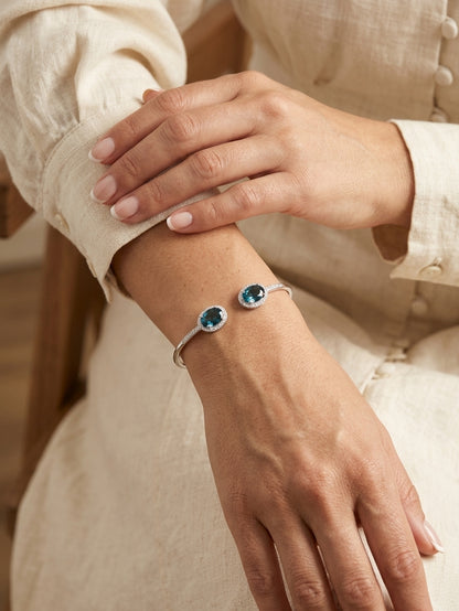 London Blue Topaz & Diamond Open Cuff Bracelet In 18K White Gold