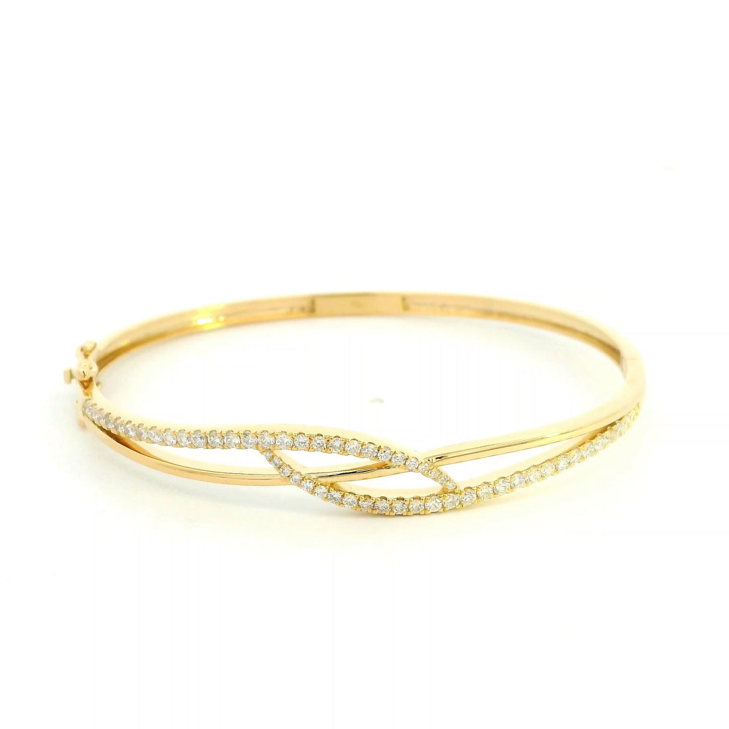 18K yellow gold diamond crossover bangle with 0.80 carat round brilliant natural diamonds and intertwined polished gold design