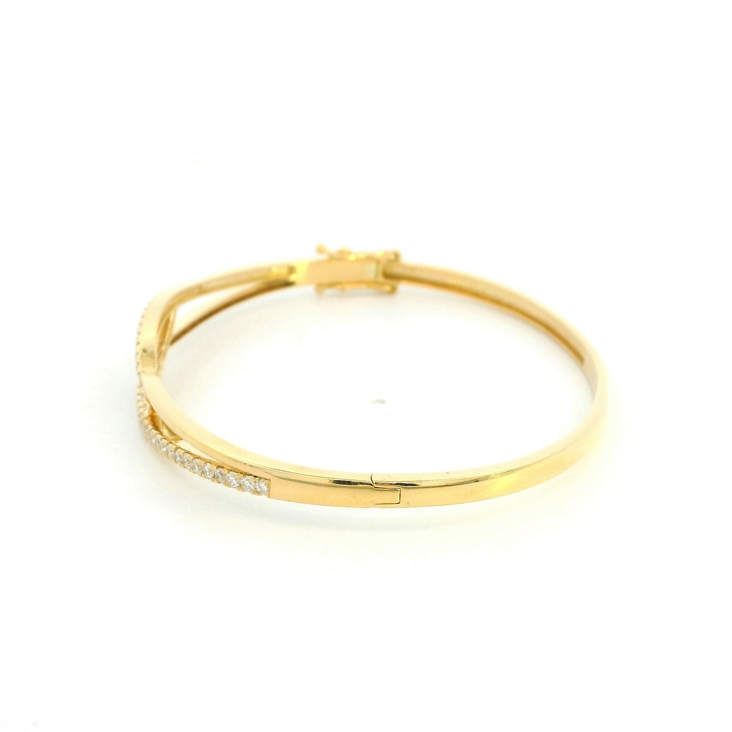 18K yellow gold diamond crossover bangle with 0.80 carat round brilliant natural diamonds and intertwined polished gold design