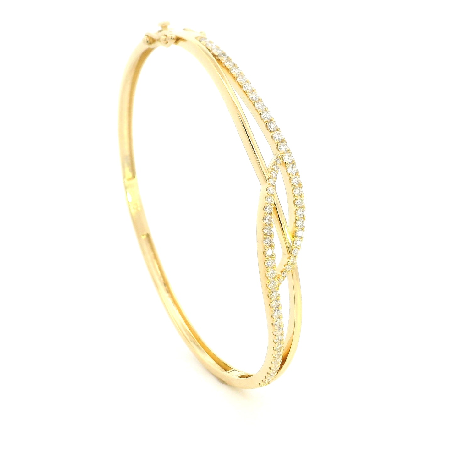 18K yellow gold diamond crossover bangle with 0.80 carat round brilliant natural diamonds and intertwined polished gold design